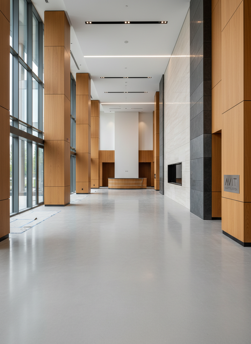 An expansive interior view of a newly constructed, high-end corporate lobby nearing completion, captured in photographic realism. Smooth, light-gray polished concrete floors reflect recessed ceiling lighting and natural daylight from tall glass curtain walls. Structural columns are wrapped in warm wood cladding with flawless joinery, while a feature wall of precisely installed stone panels runs the length of the space. Electrical and mechanical systems are fully integrated and concealed, with crisp, linear diffused lighting emphasizing the clean lines of the architecture. Shot at eye level with a wide-angle lens, the composition shows depth from foreground to distant reception area. The mood is refined, orderly, and professional, highlighting AVIT Construction’s commitment to quality finishes and legacy-level craftsmanship.