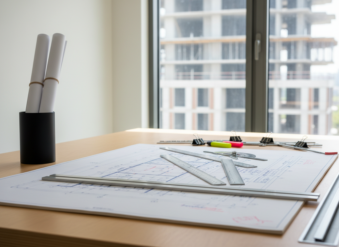 A detailed, photographic realism shot of a meticulously organized construction blueprint station inside a clean site office. A large, crisp architectural plan is spread across a sturdy, light-wood drafting table, with straightedges and measurement tools perfectly aligned beside it. Highlighters and metal clips are neatly arranged, and rolled drawings stand upright in a minimalist holder. Through a large window behind the table, a blurred view of a modern building under construction is visible. Soft, bright natural light floods the room, casting gentle shadows across the paper and emphasizing fine linework and annotations. Captured from a slightly elevated angle with moderate depth of field, the composition conveys clarity, order, and a thoughtful planning process, reinforcing a construction firm built on legacy and driven by precision and quality.
