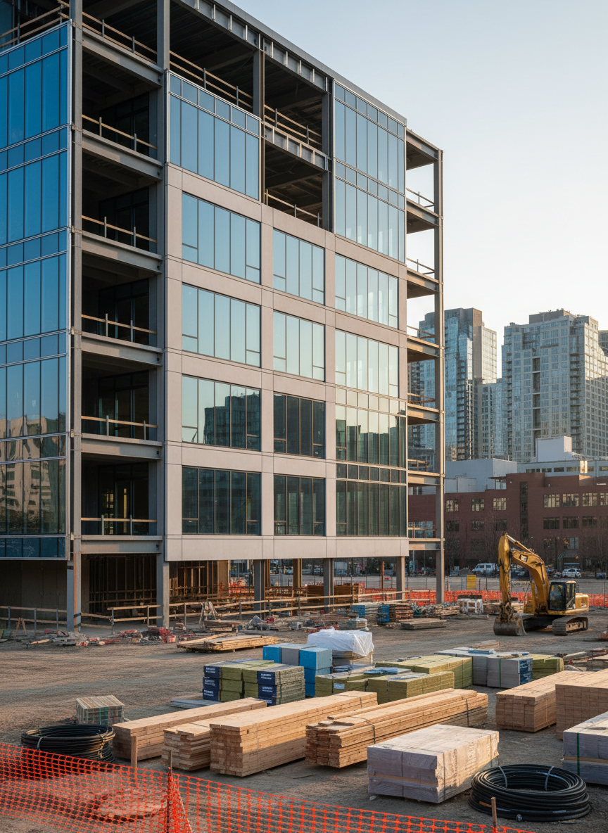 A modern commercial construction site featuring a nearly completed mid-rise office building with a sleek glass and steel façade, clean concrete panels, and precise alignment of every structural element. The foreground shows neatly stacked materials, laser-straight safety barriers, and pristine, well-organized equipment. The scene is set in a tidy urban environment with other finished buildings softly blurred in the background. Late afternoon natural light creates crisp highlights along the building edges and gentle shadows on the ground, emphasizing sharp lines and craftsmanship. Photographic realism from a slightly low, wide-angle perspective showcases the structure’s height and solidity. The mood is professional, confident, and quality-driven, conveying a legacy of dependable construction and attention to detail.