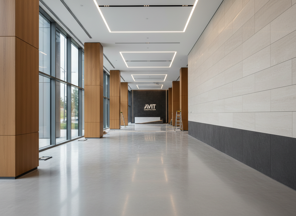 An expansive interior view of a newly constructed, high-end corporate lobby nearing completion, captured in photographic realism. Smooth, light-gray polished concrete floors reflect recessed ceiling lighting and natural daylight from tall glass curtain walls. Structural columns are wrapped in warm wood cladding with flawless joinery, while a feature wall of precisely installed stone panels runs the length of the space. Electrical and mechanical systems are fully integrated and concealed, with crisp, linear diffused lighting emphasizing the clean lines of the architecture. Shot at eye level with a wide-angle lens, the composition shows depth from foreground to distant reception area. The mood is refined, orderly, and professional, highlighting AVIT Construction’s commitment to quality finishes and legacy-level craftsmanship.