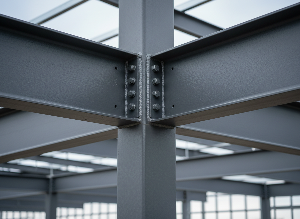 A close-up, photographic realism shot of a structural steel beam connection on a commercial building, showcasing precision craftsmanship. Heavy steel I-beams intersect with perfectly aligned bolted plates, high-strength bolts uniformly tightened, and welds smooth and consistent. The metal surfaces display subtle mill scale textures with a deep charcoal-gray primer coating. In the softly blurred background, an orderly construction framework extends toward the sky. Cool, diffused overcast daylight reduces harsh reflections and reveals every detail of the connection. Captured from a slightly low angle with shallow depth of field, the composition highlights the strength, accuracy, and engineering integrity. The atmosphere is focused and technical, reflecting a construction company driven by quality and structural excellence.