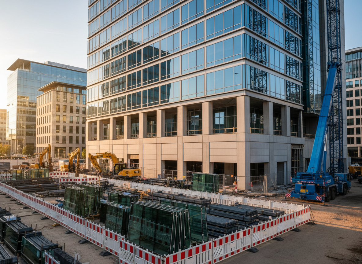A modern commercial construction site featuring a nearly completed mid-rise office building with a sleek glass and steel façade, clean concrete panels, and precise alignment of every structural element. The foreground shows neatly stacked materials, laser-straight safety barriers, and pristine, well-organized equipment. The scene is set in a tidy urban environment with other finished buildings softly blurred in the background. Late afternoon natural light creates crisp highlights along the building edges and gentle shadows on the ground, emphasizing sharp lines and craftsmanship. Photographic realism from a slightly low, wide-angle perspective showcases the structure’s height and solidity. The mood is professional, confident, and quality-driven, conveying a legacy of dependable construction and attention to detail.