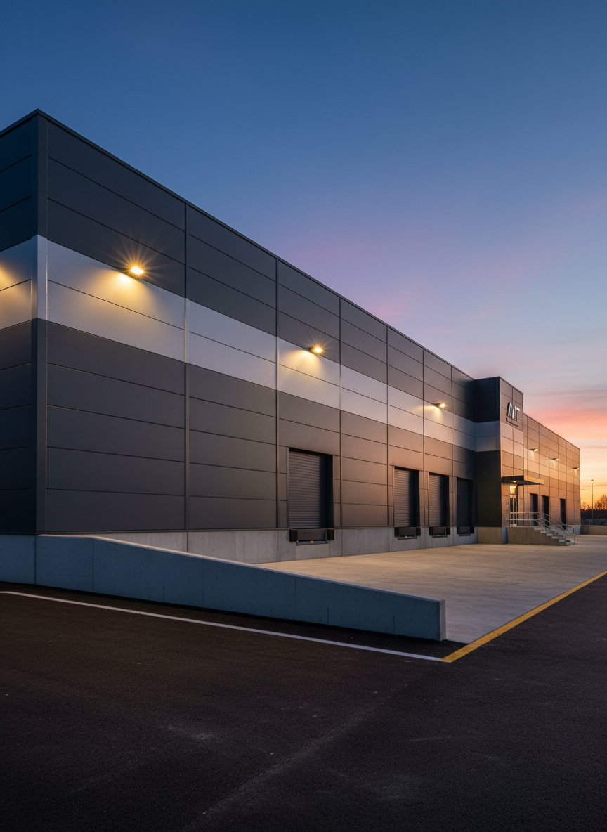 A dramatic dusk scene of a completed AVIT Construction industrial facility, photographed in realistic detail. The building features clean, insulated metal wall panels in subtle silver and slate tones, perfectly aligned expansion joints, and a robust concrete loading dock with flawless edges. Exterior LED wall packs cast controlled, warm light onto the building, creating strong yet precise shadows that highlight the structure’s geometry. The sky glows deep blue with the last remnants of sunset, reflecting faintly on the metal surfaces. The surrounding asphalt and line striping appear freshly finished and exact. Captured from a low, three-quarter angle with a wide lens, the composition leads the eye along the façade, conveying durability, reliability, and a sense of long-term legacy performance in industrial construction.