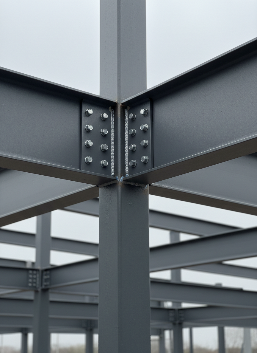 A close-up, photographic realism shot of a structural steel beam connection on a commercial building, showcasing precision craftsmanship. Heavy steel I-beams intersect with perfectly aligned bolted plates, high-strength bolts uniformly tightened, and welds smooth and consistent. The metal surfaces display subtle mill scale textures with a deep charcoal-gray primer coating. In the softly blurred background, an orderly construction framework extends toward the sky. Cool, diffused overcast daylight reduces harsh reflections and reveals every detail of the connection. Captured from a slightly low angle with shallow depth of field, the composition highlights the strength, accuracy, and engineering integrity. The atmosphere is focused and technical, reflecting a construction company driven by quality and structural excellence.