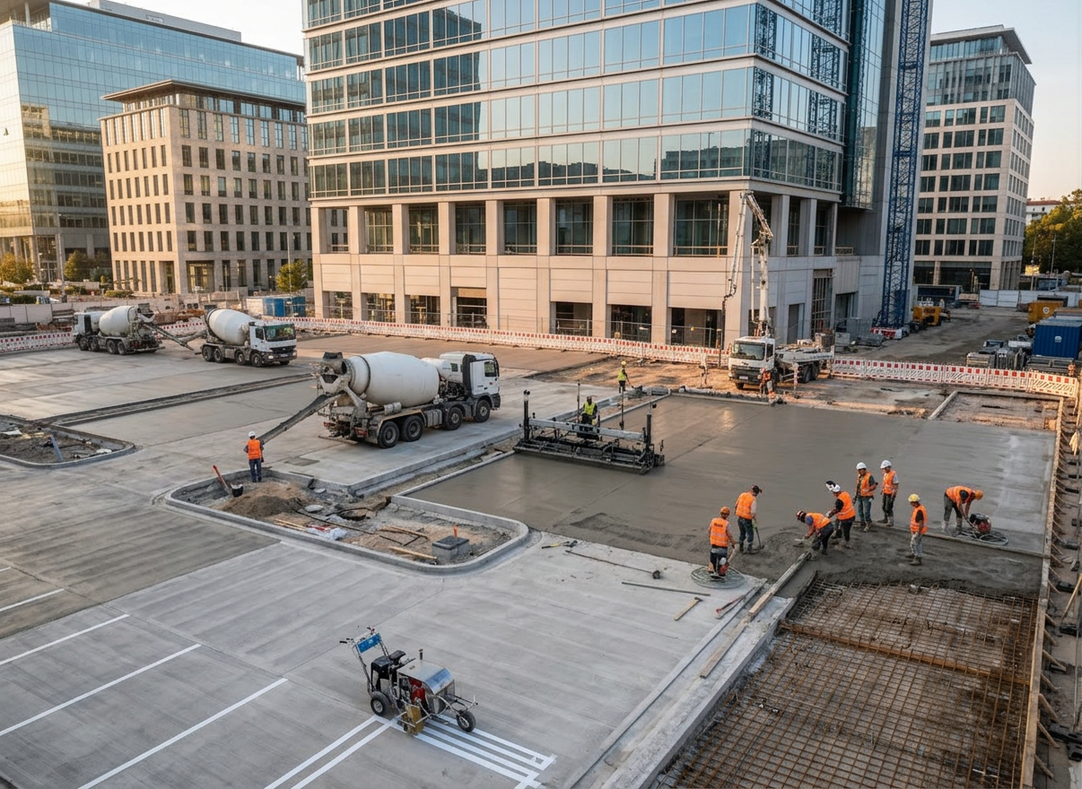 Construction workers and cement mixer trucks paving concrete slabs at an urban construction site