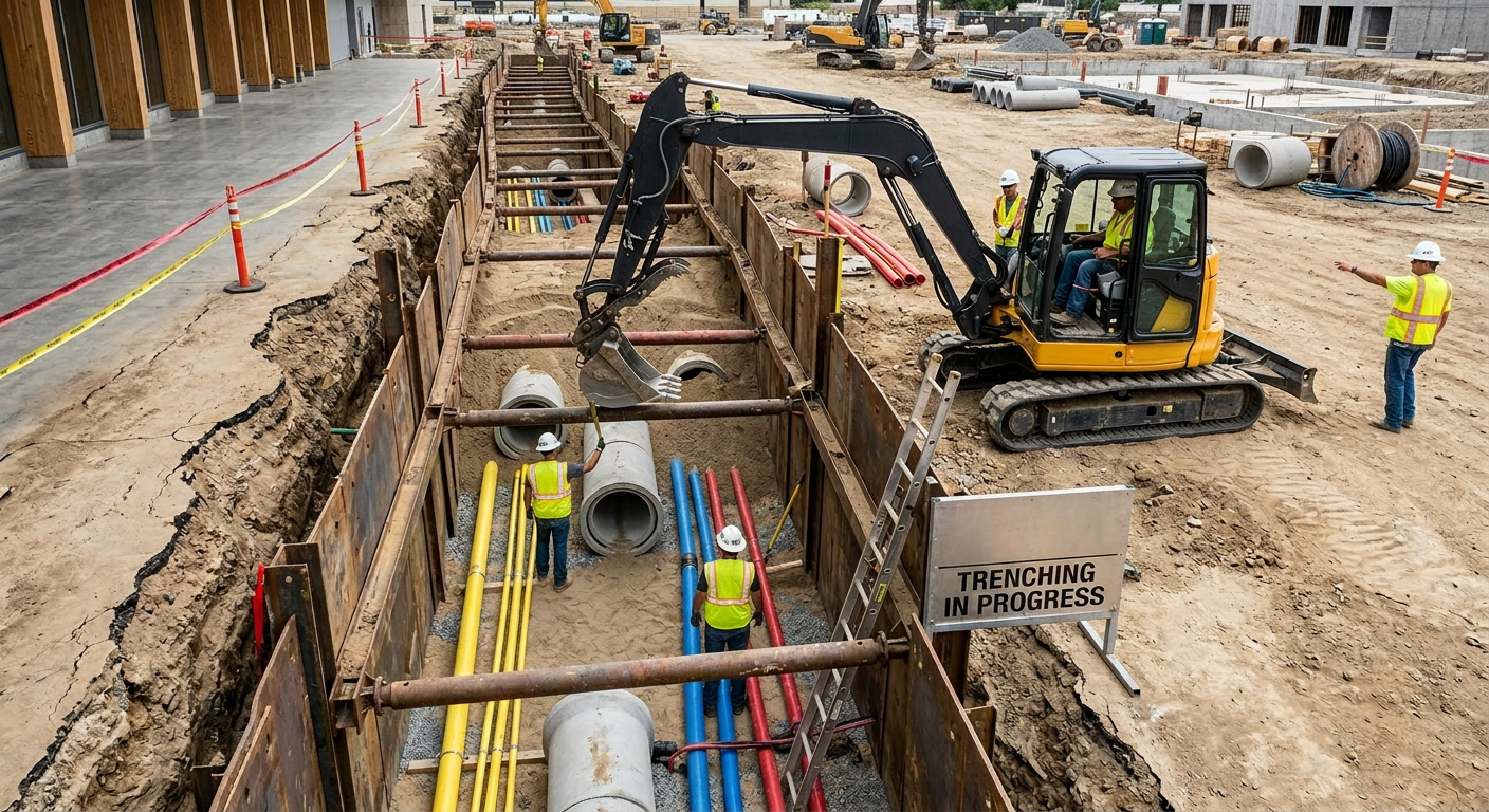 An expansive interior view of a newly constructed, high-end corporate lobby nearing completion, captured in photographic realism. Smooth, light-gray polished concrete floors reflect recessed ceiling lighting and natural daylight from tall glass curtain walls. Structural columns are wrapped in warm wood cladding with flawless joinery, while a feature wall of precisely installed stone panels runs the length of the space. Electrical and mechanical systems are fully integrated and concealed, with crisp, linear diffused lighting emphasizing the clean lines of the architecture. Shot at eye level with a wide-angle lens, the composition shows depth from foreground to distant reception area. The mood is refined, orderly, and professional, highlighting AVIT Construction’s commitment to quality finishes and legacy-level craftsmanship.