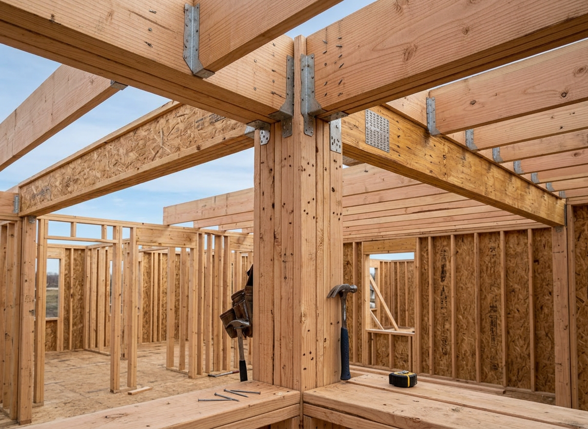 A close-up, photographic realism shot of a structural steel beam connection on a commercial building, showcasing precision craftsmanship. Heavy steel I-beams intersect with perfectly aligned bolted plates, high-strength bolts uniformly tightened, and welds smooth and consistent. The metal surfaces display subtle mill scale textures with a deep charcoal-gray primer coating. In the softly blurred background, an orderly construction framework extends toward the sky. Cool, diffused overcast daylight reduces harsh reflections and reveals every detail of the connection. Captured from a slightly low angle with shallow depth of field, the composition highlights the strength, accuracy, and engineering integrity. The atmosphere is focused and technical, reflecting a construction company driven by quality and structural excellence.