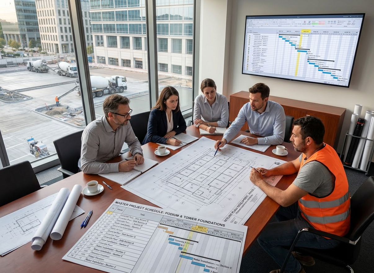 Five professionals discussing architectural blueprints and project schedule