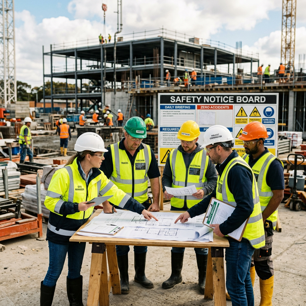 On-site management coordinating trades and safety
